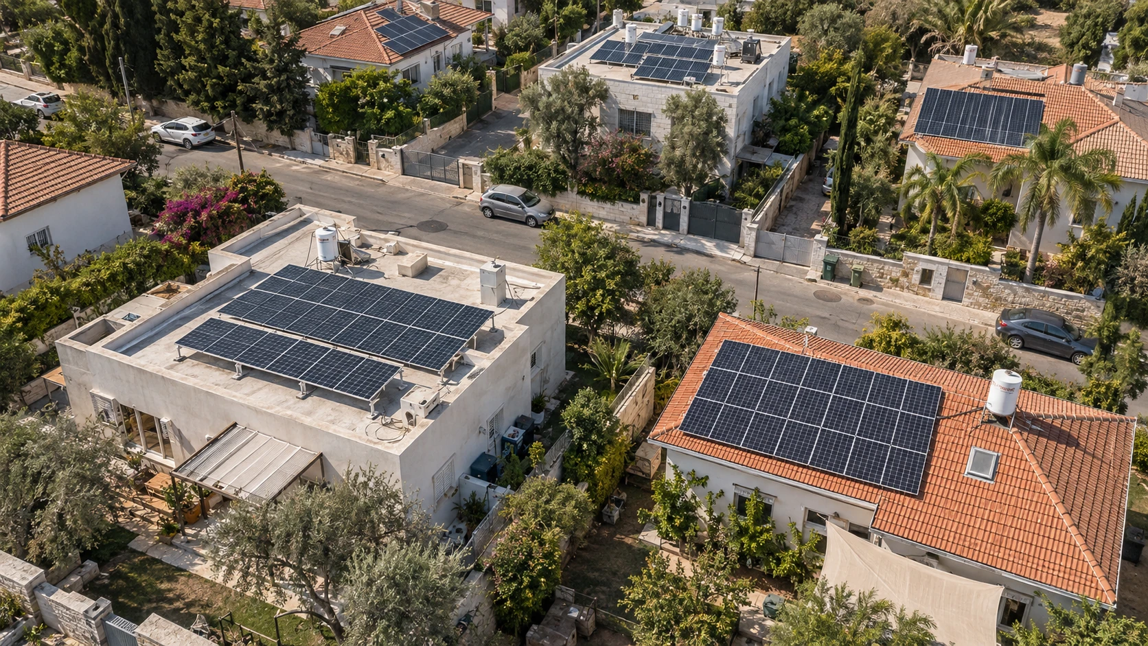 הדמיית רחוב ישראלי עם מערכות סולאריות על גגות שטוחים וגגות רעפים של בתים פרטיים