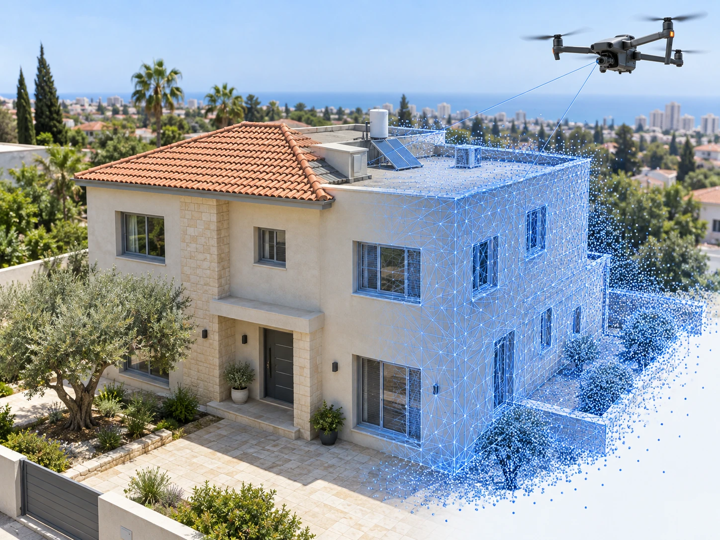 המחשת מידול פוטוגרמטרי של בית ישראלי, עם רחפן ומעבר מצילום למודל תלת־ממדי